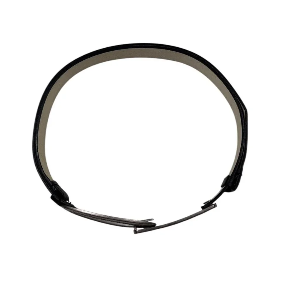 Chico's Belt Size ML Black Leather Adjustable Silvertone/Black Oval Buckle Boho